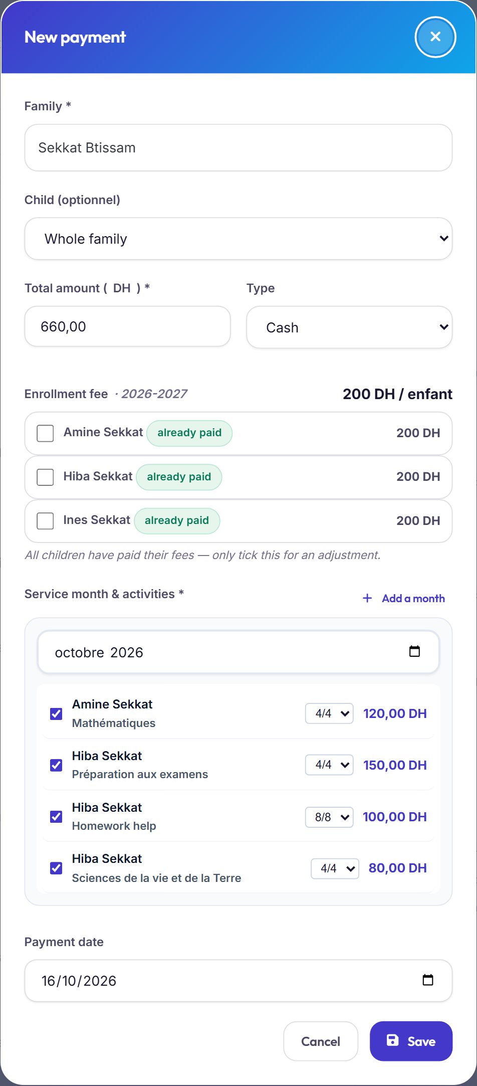 Taking a payment — Pick the family: the tool already knows what they owe this month, activity by activity and child by child, registration fees included. The receipt goes out as a PDF in the child's name.