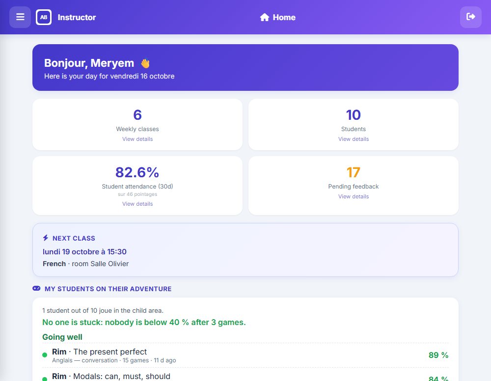 The teacher space — Teachers see their week, their pupils and their attendance rate. They mark attendance from their phone and report an incident without going through the office.