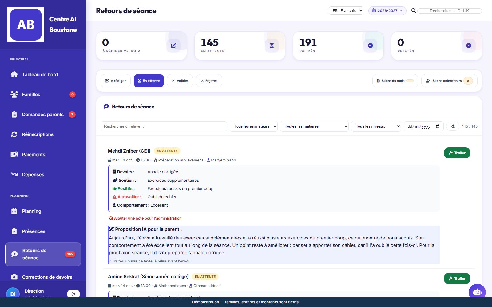 Chaque séance devient un compte rendu pour le parent.